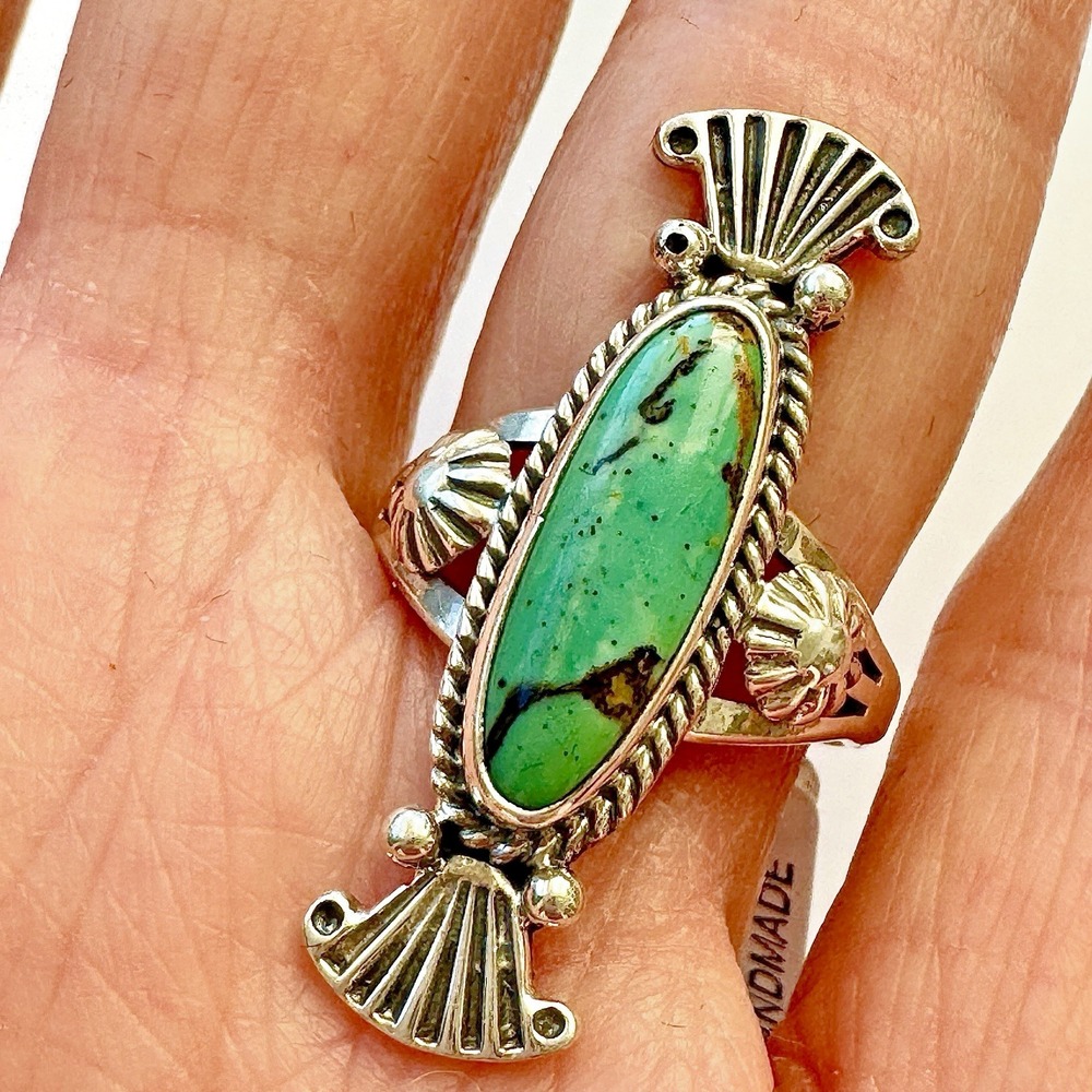 Navajo Turquoise Ring Sz 8 Long Sterling Daniel Benally Native American‎